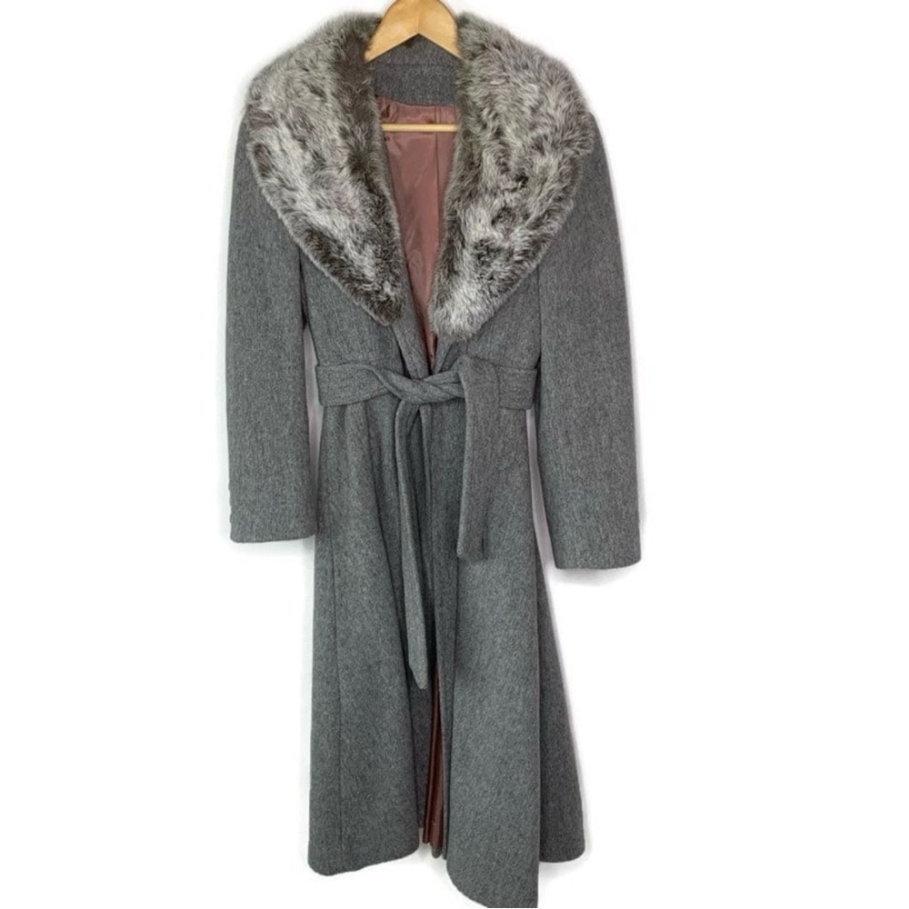Vintage 1950s Women’s Gray Wool Fur Trim Collar Long Winter Coat, Size Small